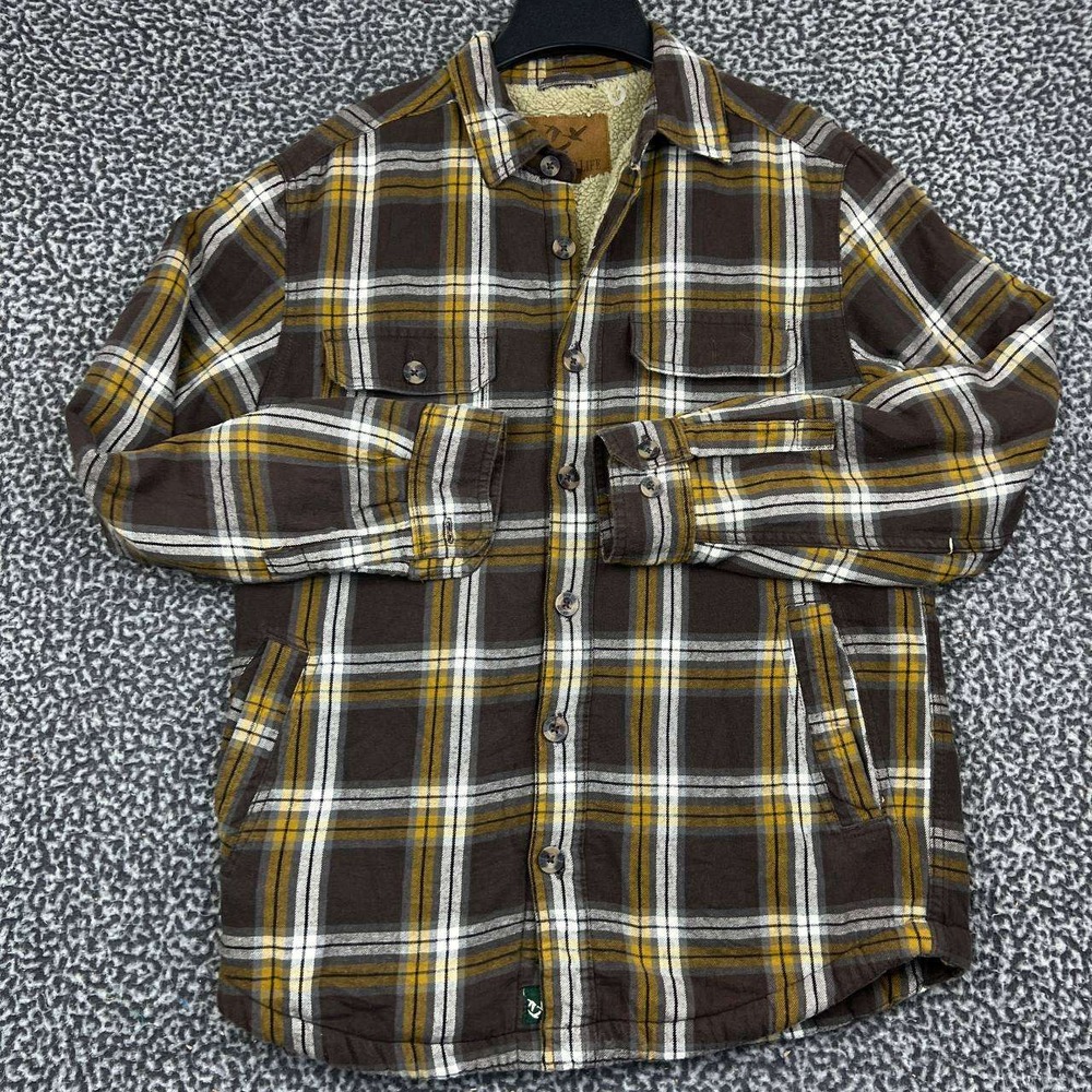 Outdoor Life Shacket Men Small Brown Yellow Plaid Sherpa‎ Lined Flannel S